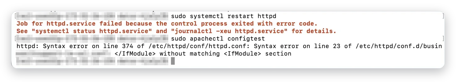 Terminal som kör apachectl configtest och visar ett syntaxfel – Apache på Amazon Linux, Business IT Support