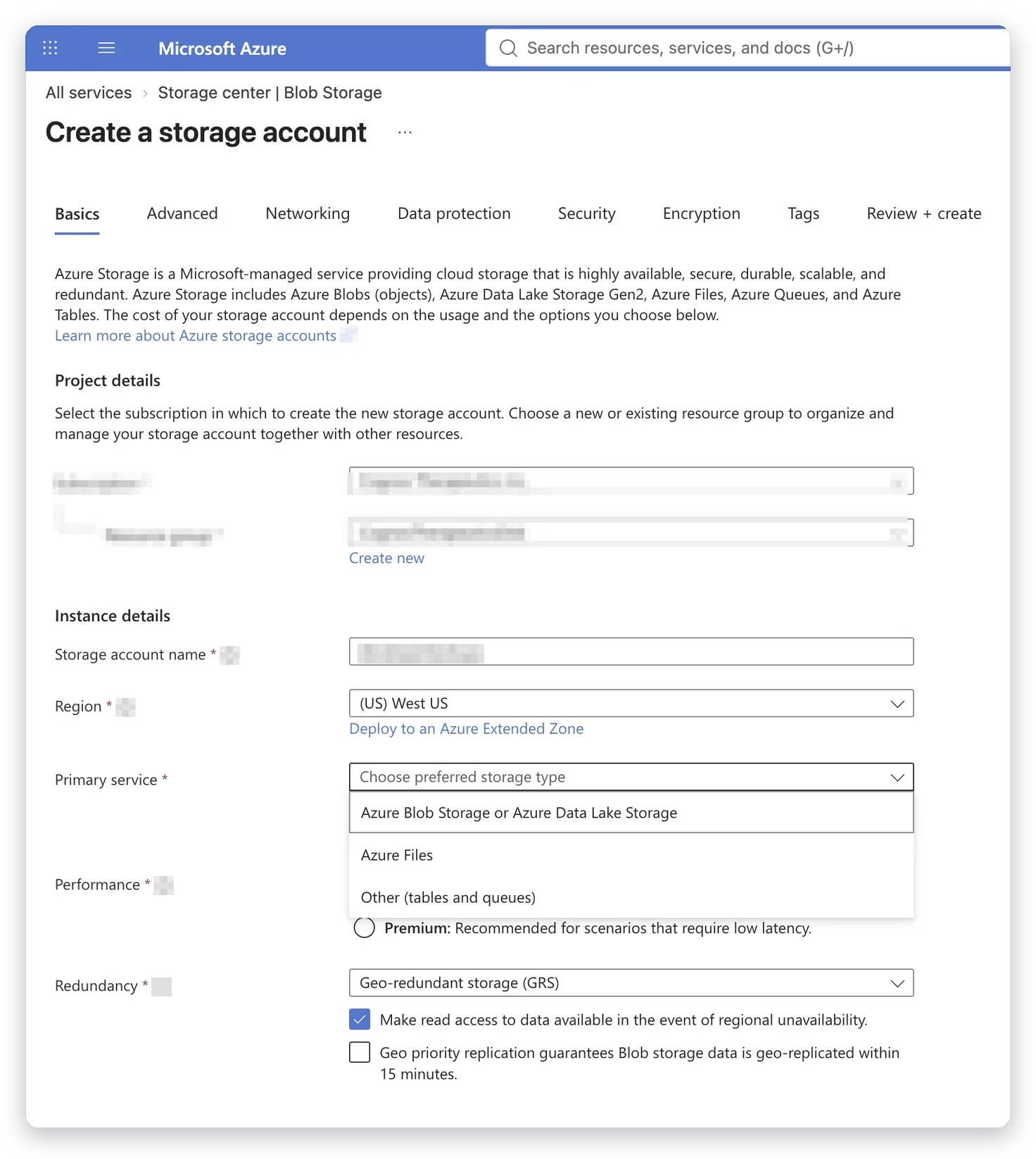 Skapa lagringskonto i Azure, fliken Avancerat – backup till Azure Blob Storage, Business IT Support