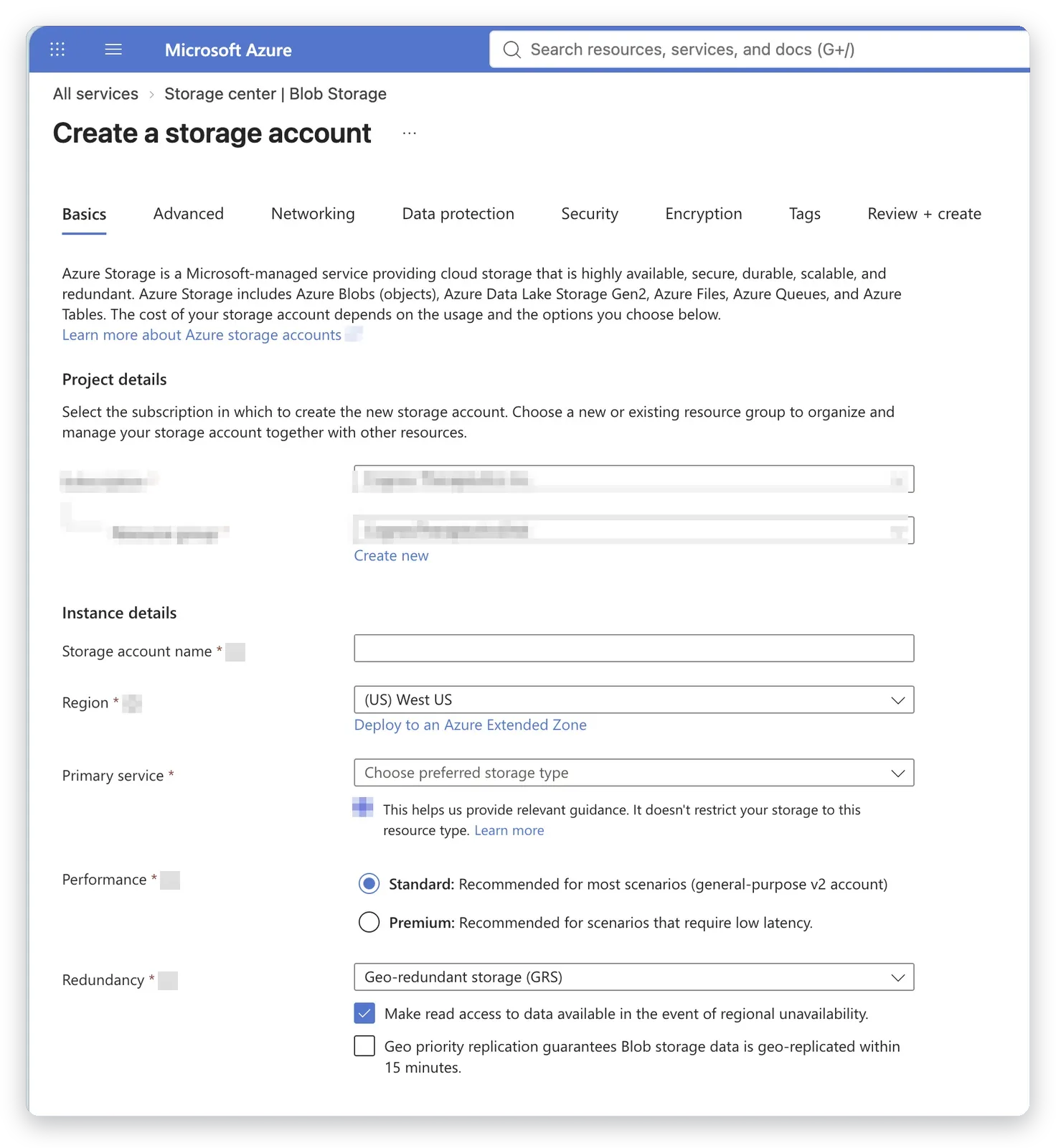 Skapa lagringskonto i Azure, fliken Grundläggande – backup till Azure Blob Storage, Business IT Support