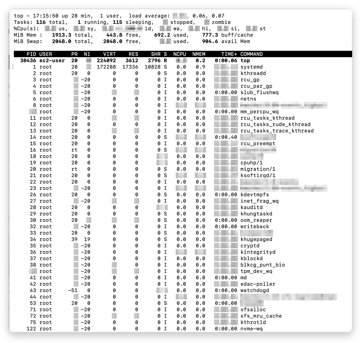 Kommandot top som visar serverns belastning i Linux – CloudWatch-larm för EC2, Business IT Support