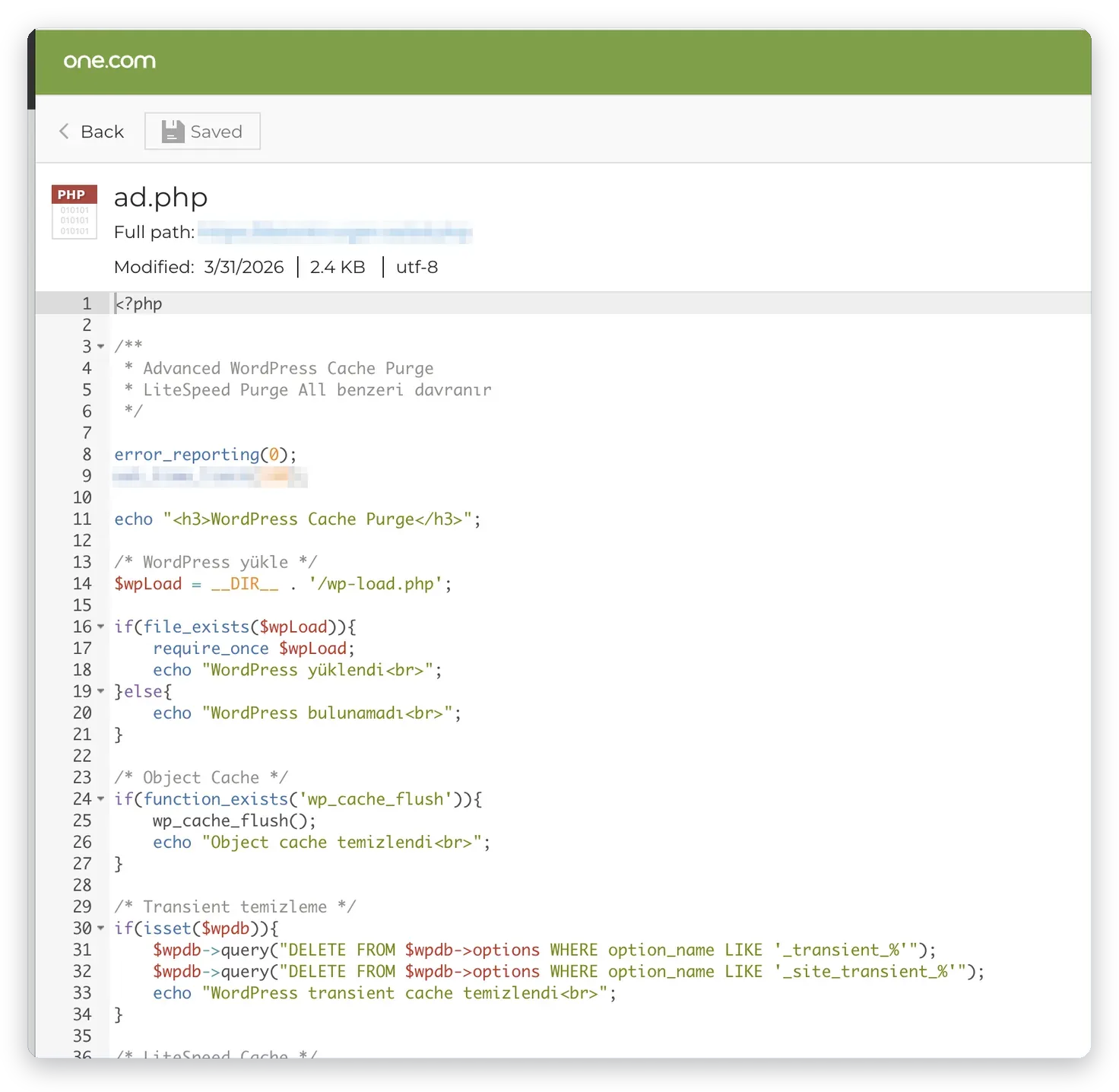 Skadlig PHP-fil som utger sig för att rensa cache – hackad WordPress-sajt, Business IT Support